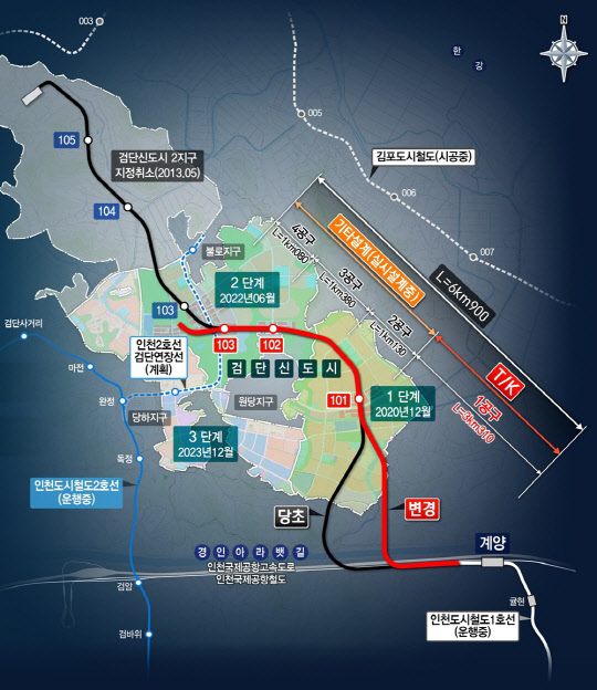 현대건설이 1925억원 규모의 인천도시철도1호선 검단연장선 1공구를 수주했다. 사진은 인천도시철도1호선 검단연장선 1공구 위치도.  현대건설 제공